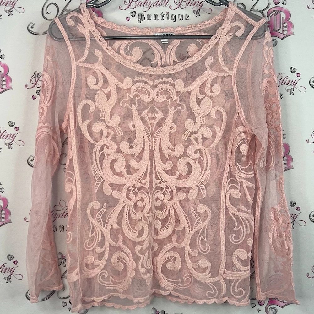 Express long sleeve mesh intricate pattern embroidery Pink Sheer Lace Blouse